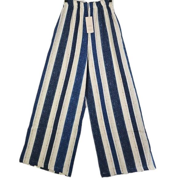Bellambra~Woman S~Linen Blend Boho Top/Pants 2 Pc. Striped Italy Blue/Beige NWT. - Picture 14 of 16